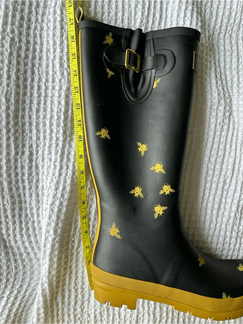 Joules Field Welly Womens Rain Boot Black Gold Bee Print Tall Rubber US 10 EU 42
